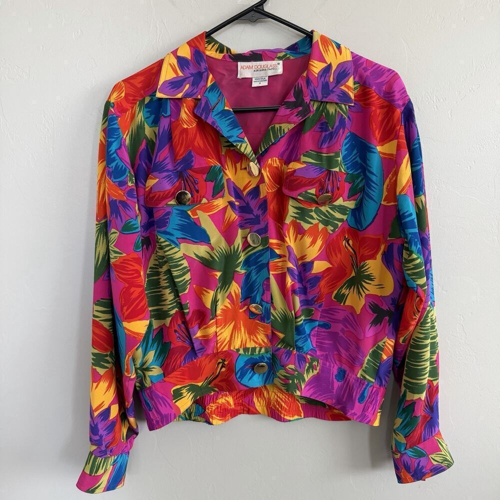 Vintage Adam Douglas 100% Silk Women’s Jacket Blazer Retro Tropical Size S - Picture 9 of 9
